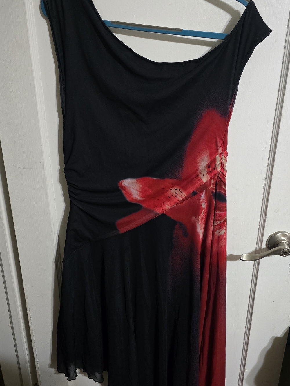 Black Dress with Red Floral Accent - Women's Elegant Sleeveless Dress - Picture 3 of 3